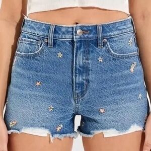 American Eagle Outfitters Light Blue High-Rise Daisy Embroidered Jean Shorts
